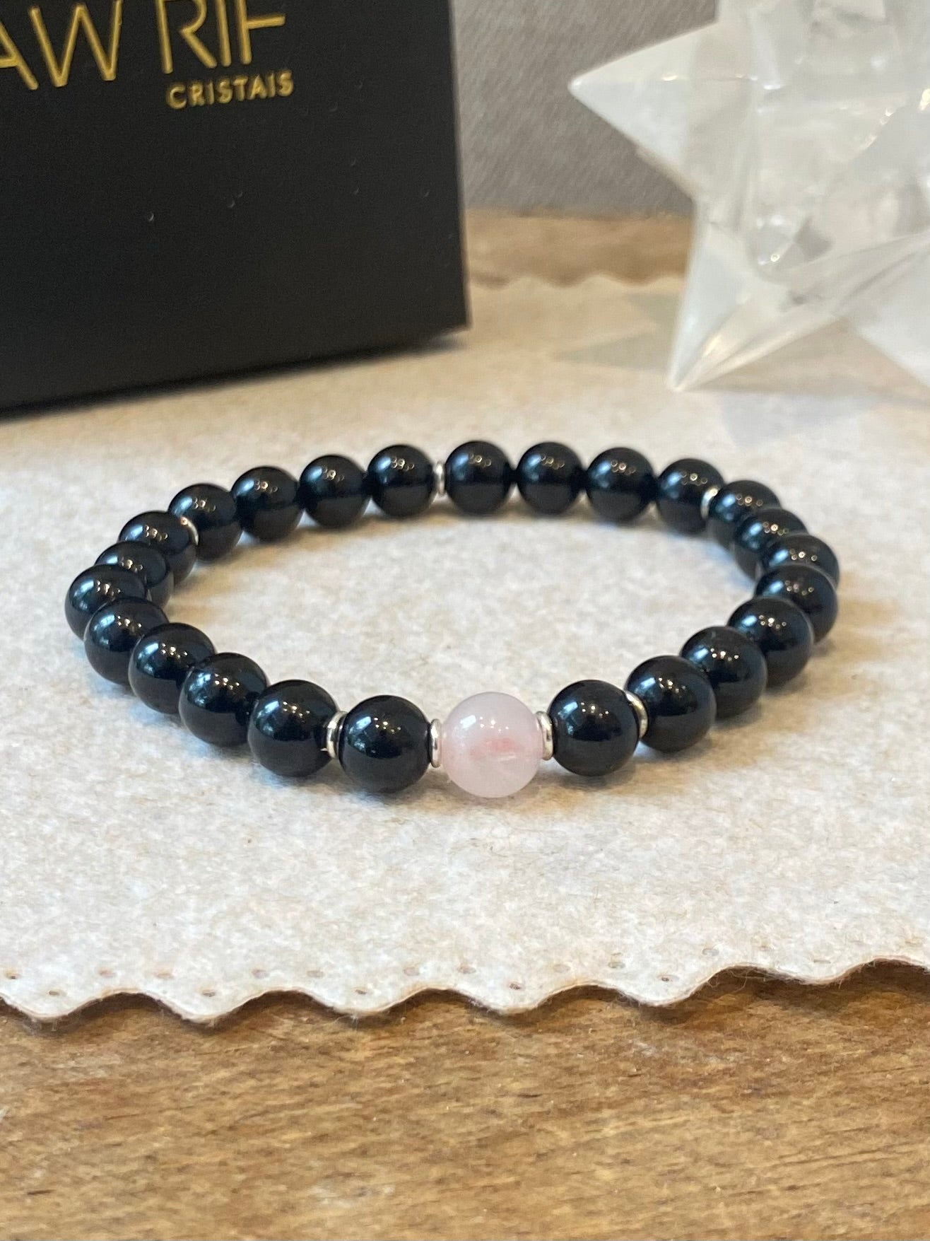 CR Casal Sterling | Quartzo Rosa e Turmalina Negra – Paz, Amor e Proteção (Prata 950)