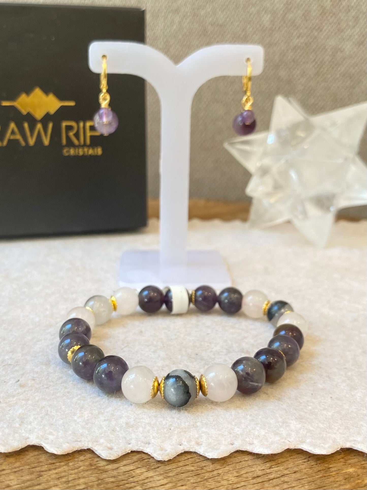 Ametista, Quartzo Rosa e Quartzo Turmalinado – Espiritualidade, Amor, Clareza e Proteção (Banho Ouro 18K) #ConjuntoCR