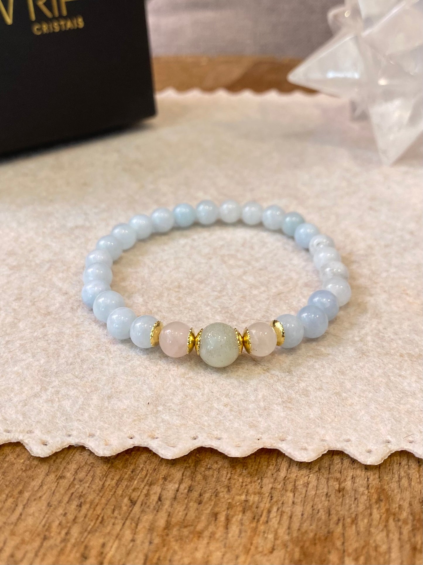 CR Uno | Água Marinha, Quartzo Rosa e Amazonita – Equilíbrio Emocional, Amor e Bem-estar (Banho Ouro 18K)