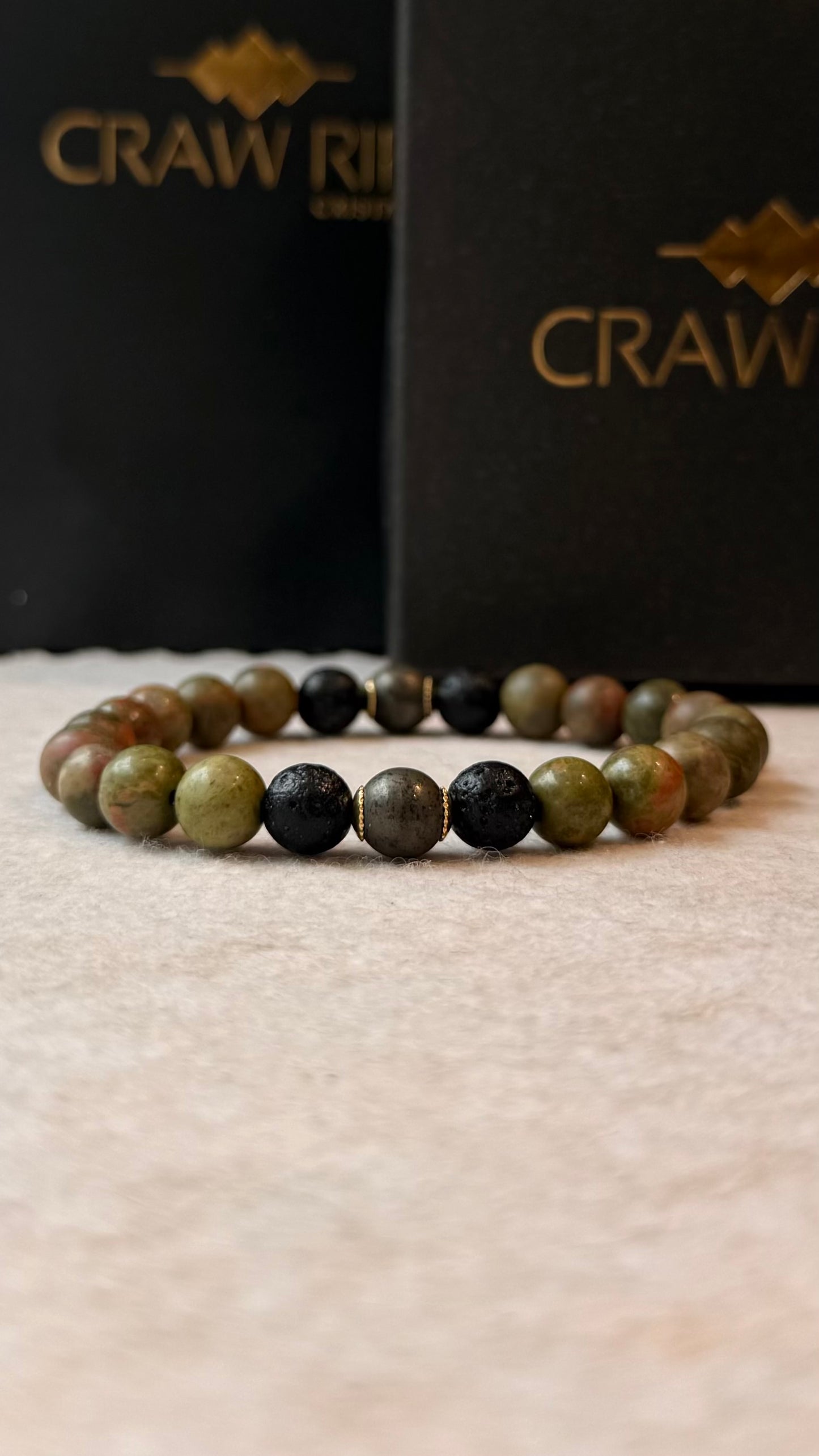 CR Aegis | Unakita, Lava Vulcânica e Pirita – Autoconhecimento, Proteção e Prosperidade (Banho Ouro 18K)