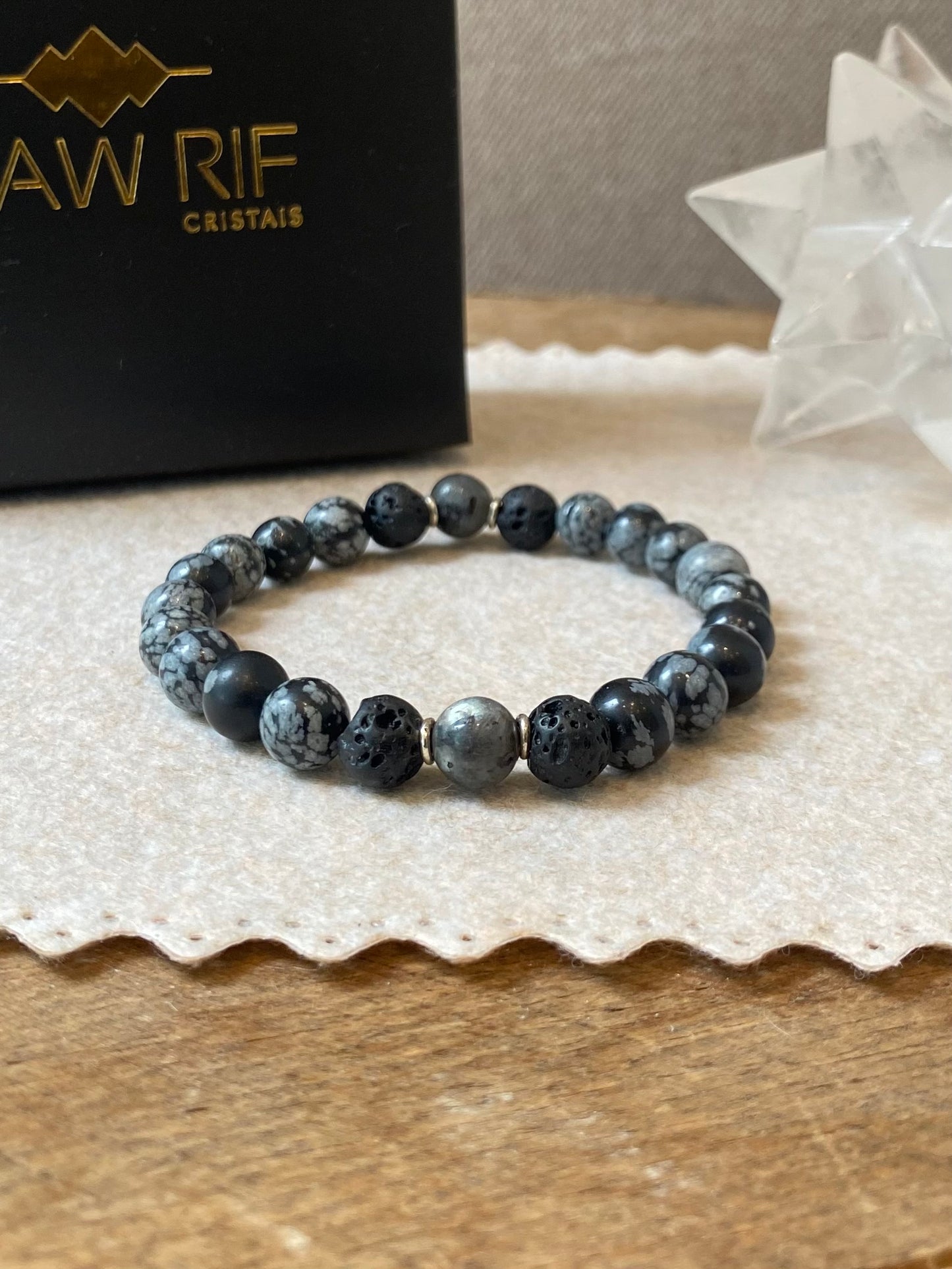 Obsidiana Flocos de Neve, Lava Vulcânica e Labradorita – Escudo Energético (Prata 950) #AegisCR