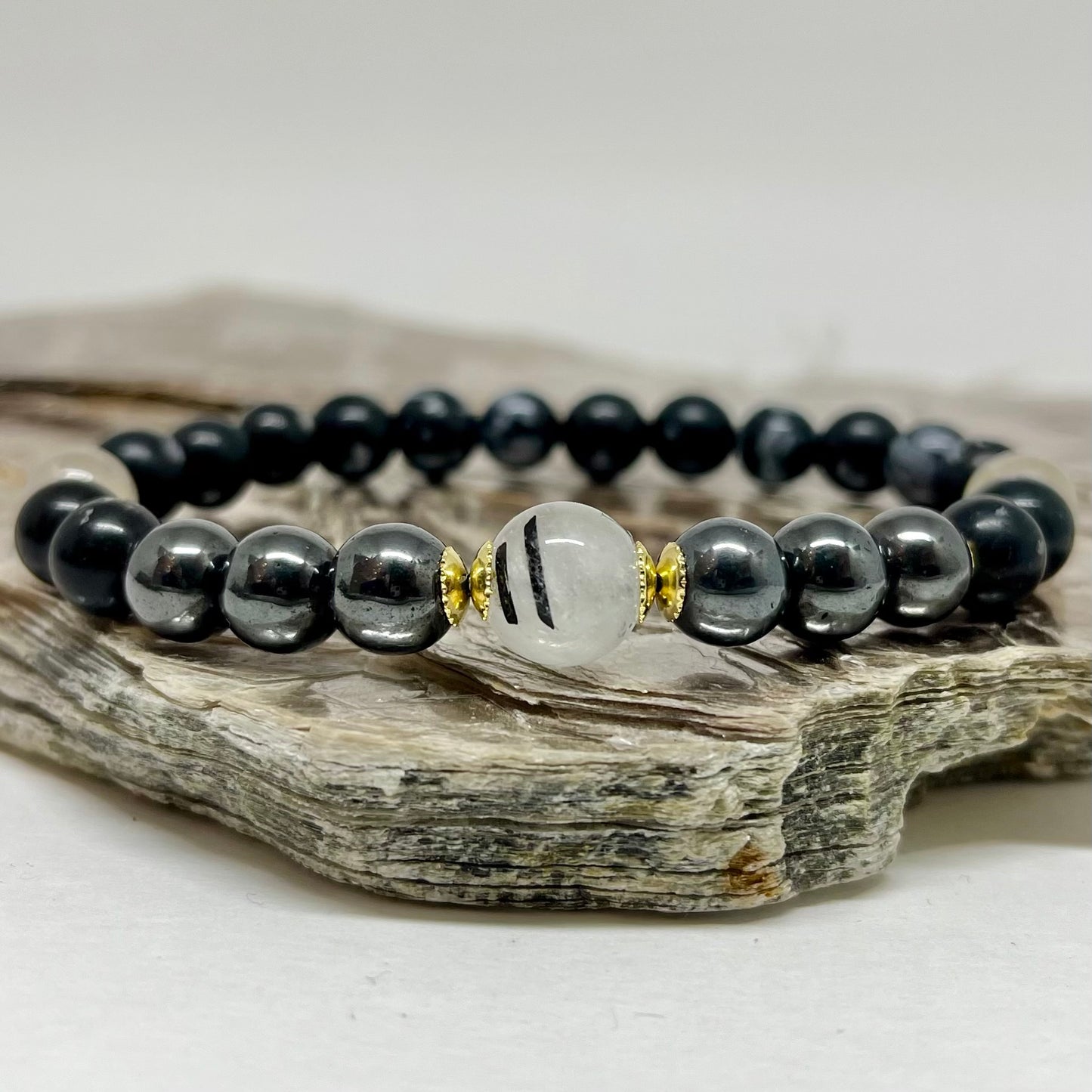 Obsidiana Flocos de Neve, Quartzo Turmalinado e Hematita – Escudo Energético, Clareza e Proteção (Banho Ouro 18K) #GoldenCR