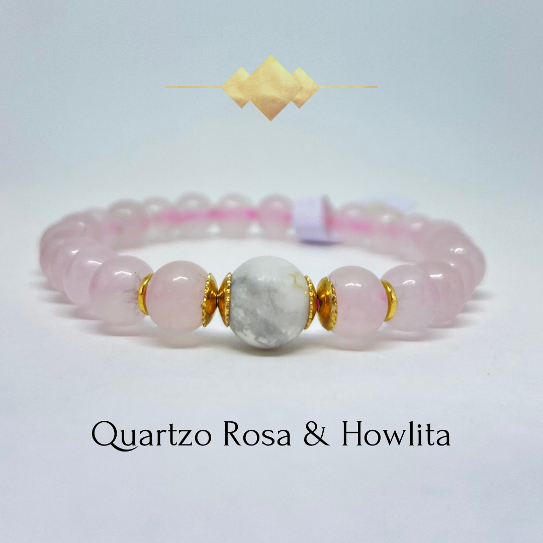 CR Uno | Quartzo Rosa e Howlita – Paz, Amor e Autoestima (Banho Ouro 18K)