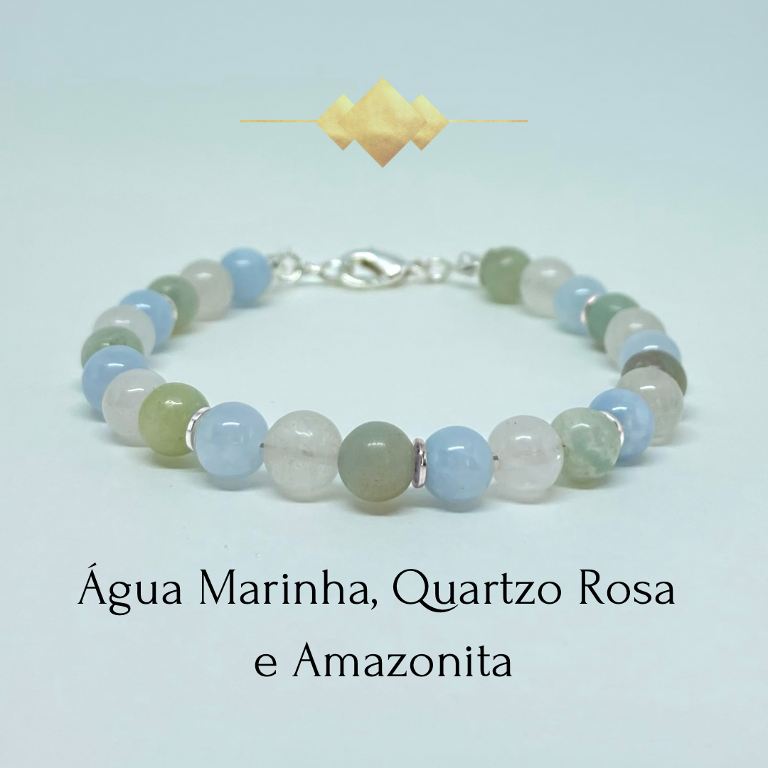 Água Marinha, Quartzo Rosa e Amazonita – Equilíbrio Emocional, Amor e Bem-estar (Prata 950) #SilverWhisperCR