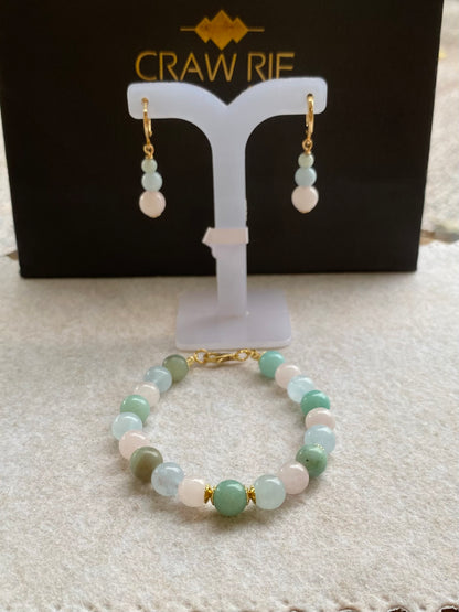 Conjunto CR Grace | Amazonita, Quartzo Rosa & Água Marinha — Equilíbrio Emocional (Banho Ouro 18K)
