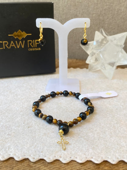 CR Conjunto | Colar, Brinco e Pulseira Olho de Tigre e Turmalina Negra – Proteção, Clareza e Prosperidade (Banho Ouro 18K)