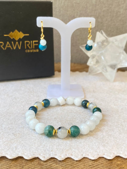 CR Conjunto | Colar, Brinco e Pulseira Água Marinha, Apatita Azul e Quartzo Turmalinado – Equilíbrio Emocional, Intuição e Limpeza Energética (Banho Ouro 18K)