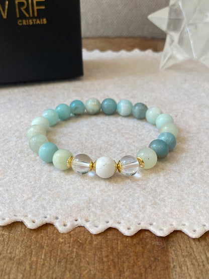 CR Conjunto | Colar, Brinco e Pulseira de Amazonita, Quartzo Cristal e Howlita – Bem-Estar, Purificação e Paz (Banho Ouro 18K)