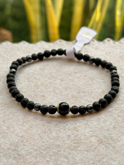 CR Line | Lava Vulcânica, Hematita e Turmalina Negra – Proteção, Coragem e Autoconfiança (Banho Ouro 18K)