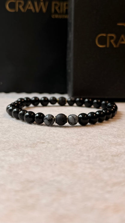 Turmalina Negra, Obsidiana Flocos de Neve e Lava Vulcânica – Proteção, Vigor e Escudo Energético (Banho Ouro 18K) #AegisCR