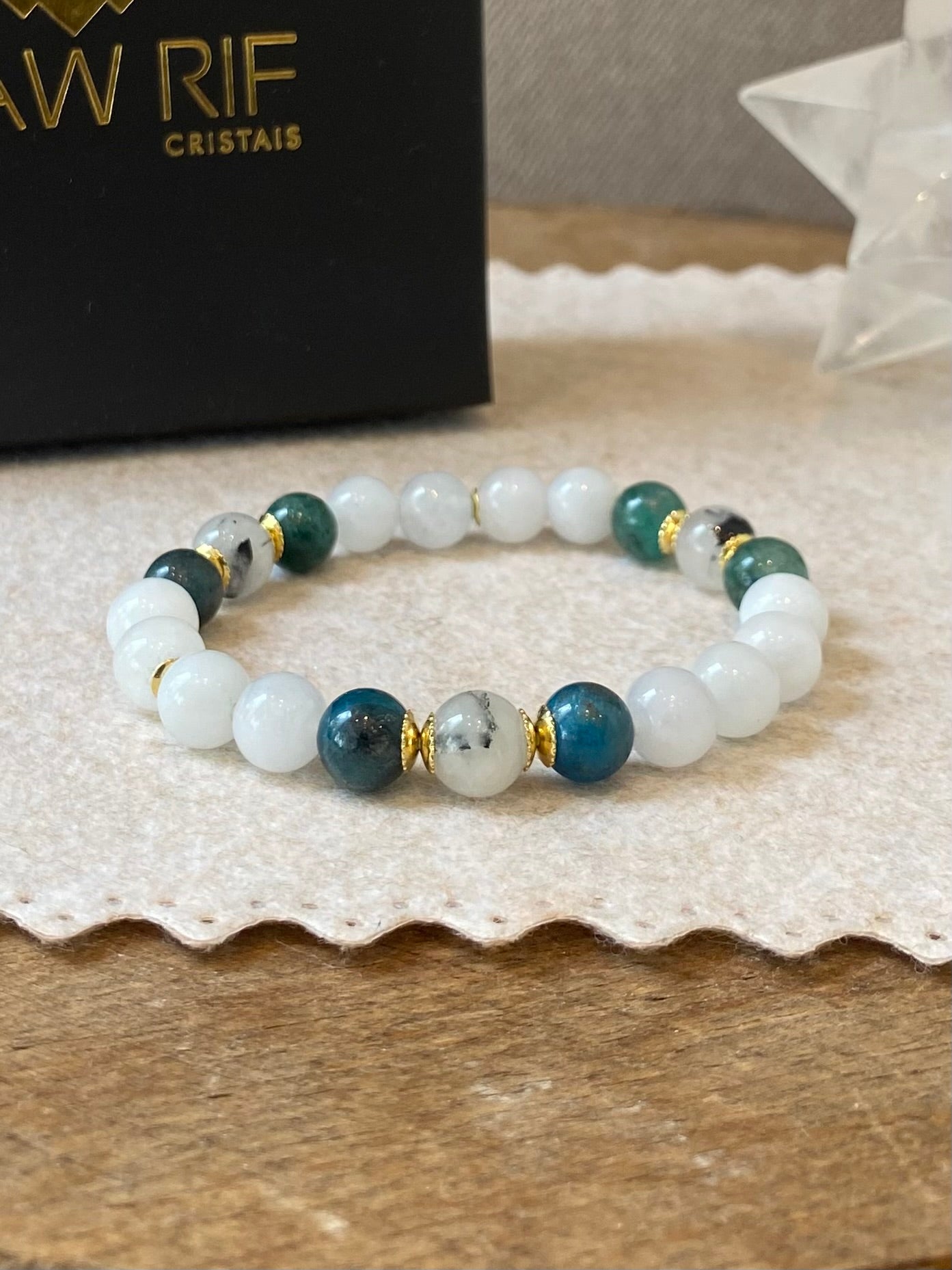 CR Conjunto | Colar, Brinco e Pulseira Água Marinha, Apatita Azul e Quartzo Turmalinado – Equilíbrio Emocional, Intuição e Limpeza Energética (Banho Ouro 18K)