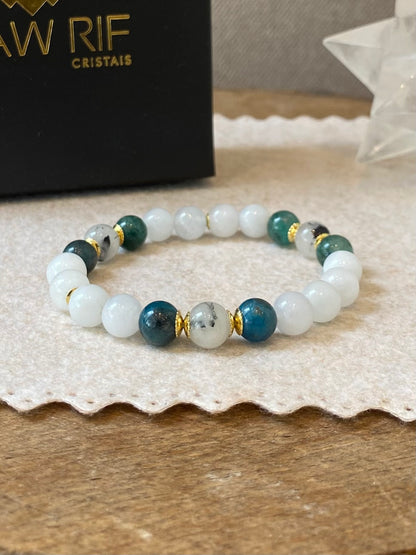 CR Conjunto | Colar, Brinco e Pulseira Água Marinha, Apatita Azul e Quartzo Turmalinado – Equilíbrio Emocional, Intuição e Limpeza Energética (Banho Ouro 18K)