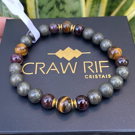 Pirita, Olho de Tigre e Pedra Granada – Prosperidade, Proteção e Determinação (Banho Ouro 18K) #GoldenCR