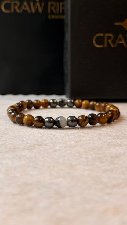 Olho de Tigre, Hematita e Quartzo Turmalinado – Proteção, Coragem e Clareza (Banho Ouro 18K) #AegisCR