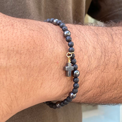 CR Terço de Mão | Lava Vulcânica e Hematita – Proteção, Vigor e Coragem (Banho Ouro 18K)