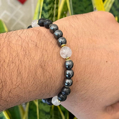 Obsidiana Flocos de Neve, Quartzo Turmalinado e Hematita – Escudo Energético, Clareza e Proteção (Banho Ouro 18K) #GoldenCR