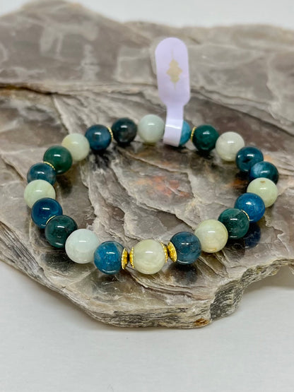 CR Golden | Amazonita e Apatita Azul – Calmaria, Intuição e Iluminação Pessoal (Banho Ouro 18K)