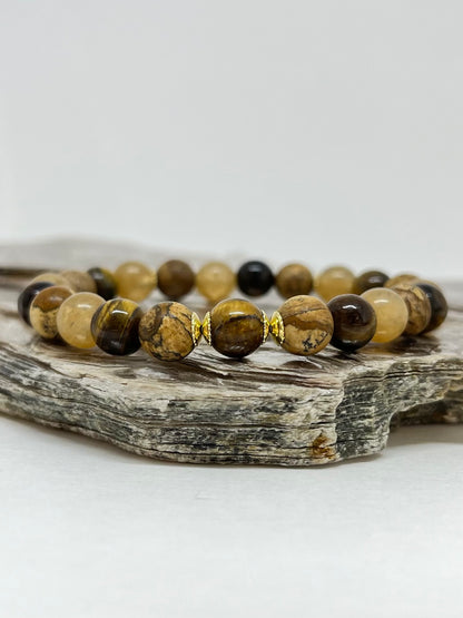 CR Golden | Olho de Tigre, Jaspe Madeira e Quartzo Rutilado – Proteção, Estabilidade e Crescimento Espiritual (Banho Ouro 18K)