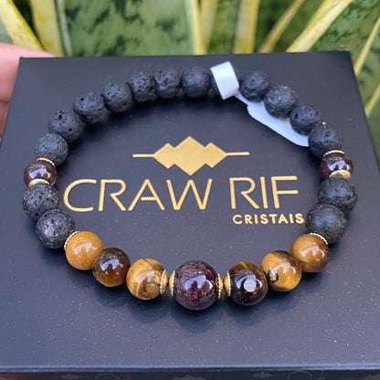 CR Golden | Lava Vulcânica, Olho de Tigre e Pedra Granada – Proteção, Prosperidade e Determinação (Banho Ouro 18K)