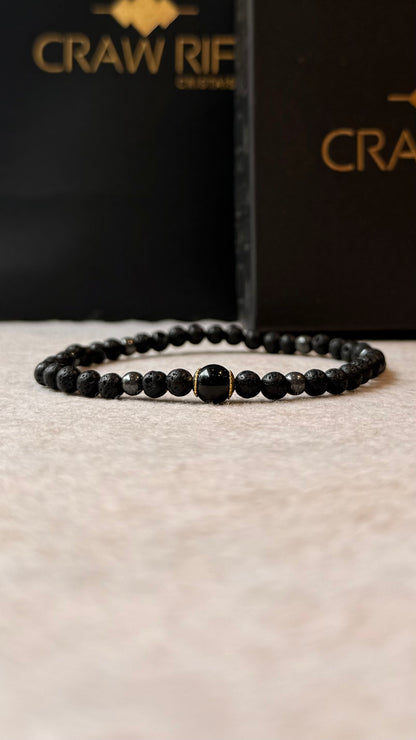 CR Line | Lava Vulcânica, Hematita e Turmalina Negra – Proteção, Coragem e Autoconfiança (Banho Ouro 18K)
