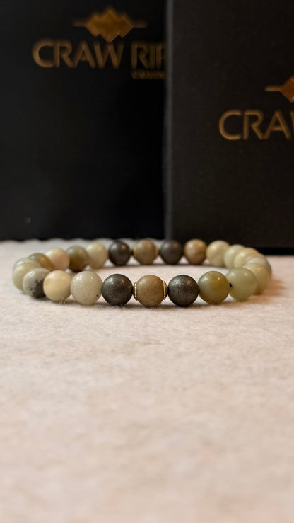 CR Aegis | Amazonita, Pirita e Jaspe Madeira – Calmaria, Prosperidade e Estabilidade (Banho Ouro 18K)