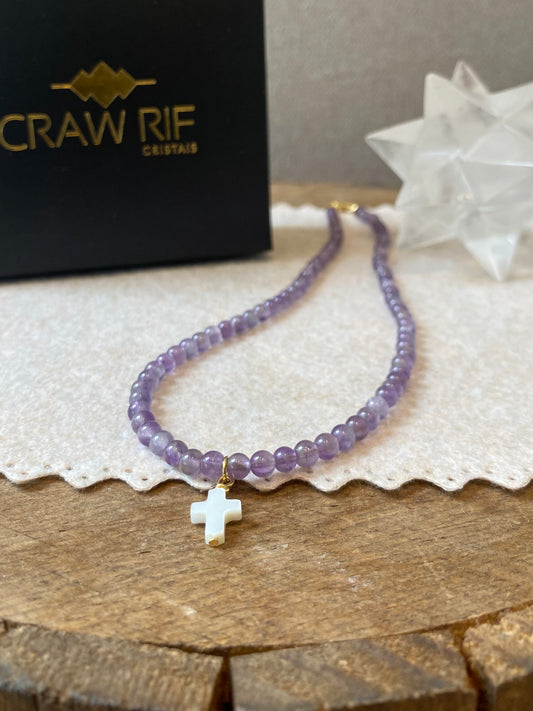 CR Choker | Colar Ametista e Trevo de Madrepérola –  Espiritualidade, Harmonia e Proteção (Banho Ouro 18K)