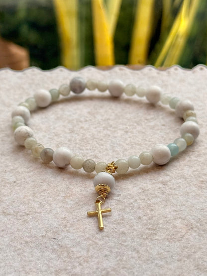 CR Terço de Mão | Howlita e Amazonita – Paz, Calmaria e Bem-estar (Banho Ouro 18K)