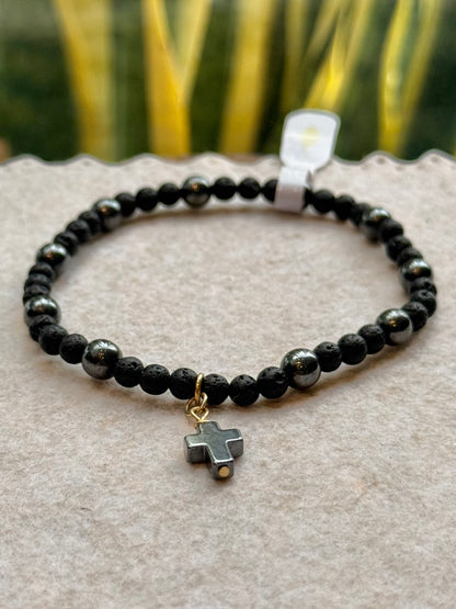 CR Terço de Mão | Lava Vulcânica e Hematita – Proteção, Vigor e Coragem (Banho Ouro 18K)