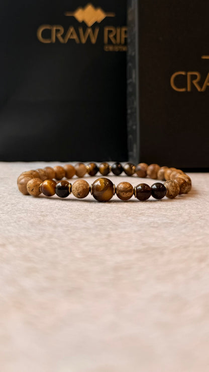 CR Deluxe | Jaspe Madeira e Olho de Tigre – Estabilidade, Proteção e Positividade (Banho Ouro 18K)