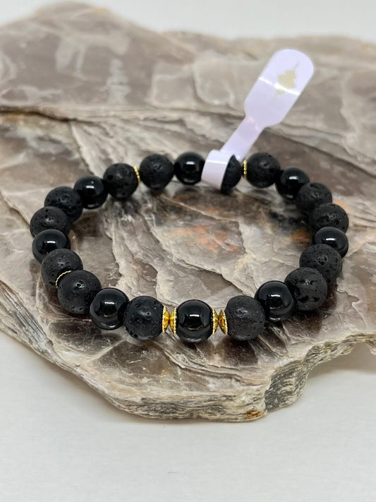 Turmalina Negra e Lava Vulcânica – Proteção, AntiStress e Vigor (Banho Ouro 18K) #GoldenCR