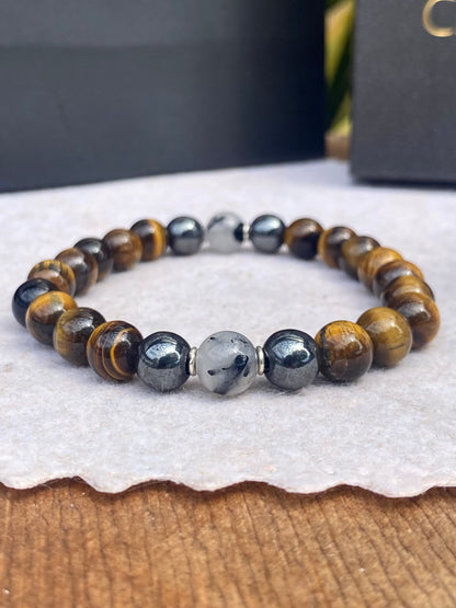 Olho de Tigre, Hematita e Quartzo Turmalinado – Proteção, Coragem e Clareza (Prata 950) #AegisCR