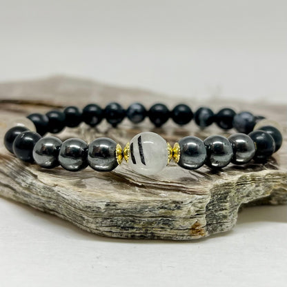 Obsidiana Flocos de Neve, Quartzo Turmalinado e Hematita – Escudo Energético, Clareza e Proteção (Banho Ouro 18K) #GoldenCR