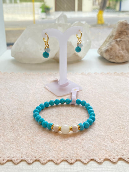 CR Conjunto | Turquesa Azul, Água Marinha e Howlita – Boa Sorte, Paz e Equilíbrio Emocional (Banho Ouro 18K)