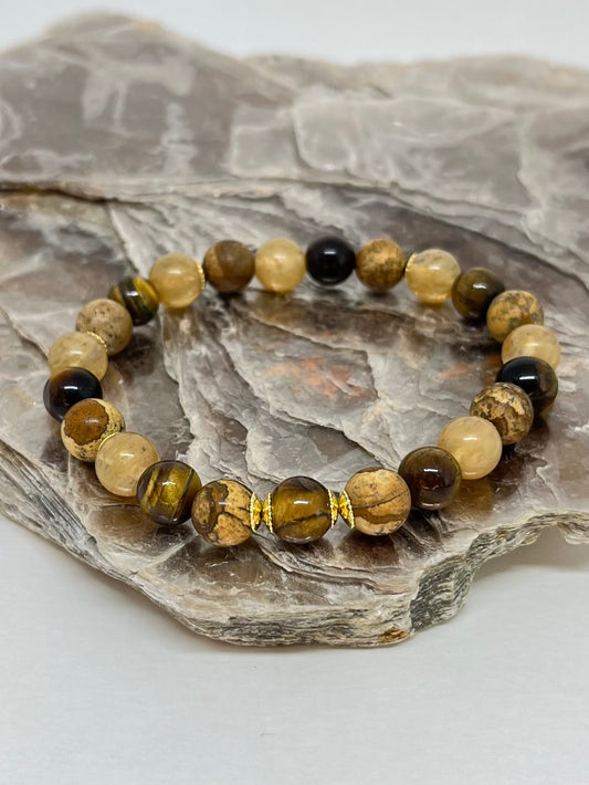 Olho de Tigre, Jaspe Madeira e Quartzo Rutilado – Proteção, Estabilidade e Crescimento Espiritual (Banho Ouro 18K) #GoldenCR