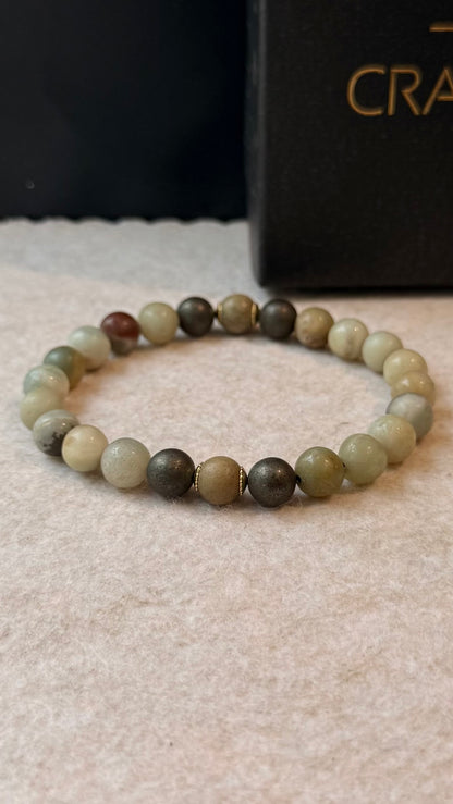 CR Aegis | Amazonita, Pirita e Jaspe Madeira – Calmaria, Prosperidade e Estabilidade (Banho Ouro 18K)