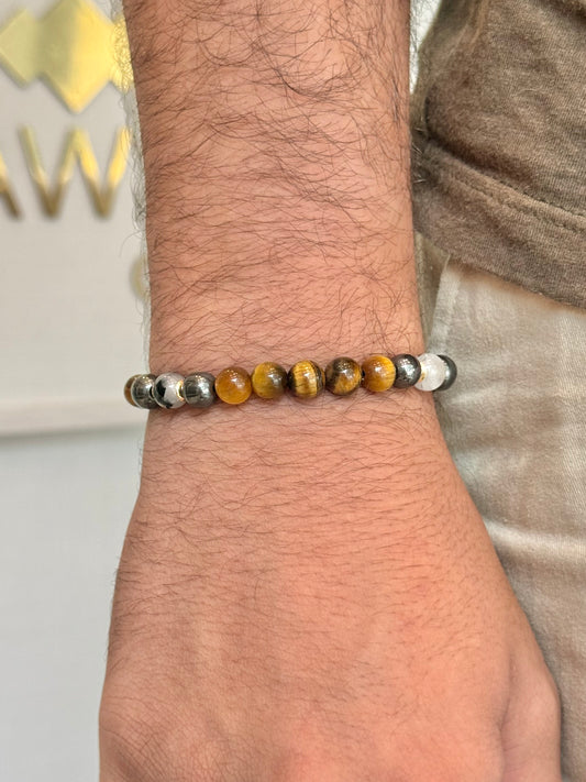 CR Tríade | Olho de Tigre, Hematita e Quartzo Turmalinado – Proteção, Coragem e Clareza (Banho Ouro 18K)