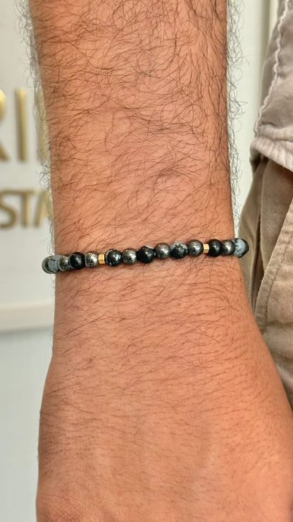 CR Prime | Hematita e Obsidiana Flocos de Neve – Proteção, Força Pessoal e Escudo Energético (Banho Ouro 18K)