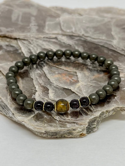 CR Uno | Pirita, Granada e Olho de Tigre – Prosperidade, Determinação e Proteção (Banho Ouro 18K)