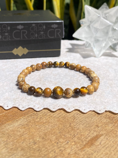 CR Deluxe | Jaspe Madeira e Olho de Tigre – Estabilidade, Proteção e Positividade (Banho Ouro 18K)