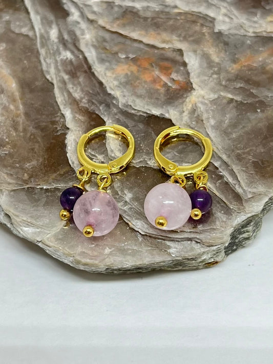 Quartzo Rosa e Ametista – Paz, Amor e Espiritualidade (Banho Ouro 18K) #BrincoDuo