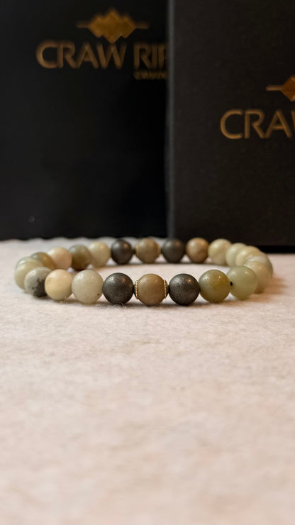 CR Aegis | Amazonita, Pirita e Jaspe Madeira – Calmaria, Prosperidade e Estabilidade (Banho Ouro 18K)