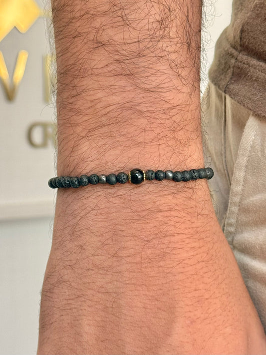 CR Line | Lava Vulcânica, Hematita e Turmalina Negra – Proteção, Coragem e Autoconfiança (Banho Ouro 18K)