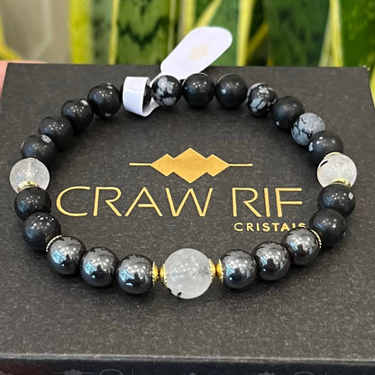 Obsidiana Flocos de Neve, Quartzo Turmalinado e Hematita – Escudo Energético, Clareza e Proteção (Banho Ouro 18K) #GoldenCR