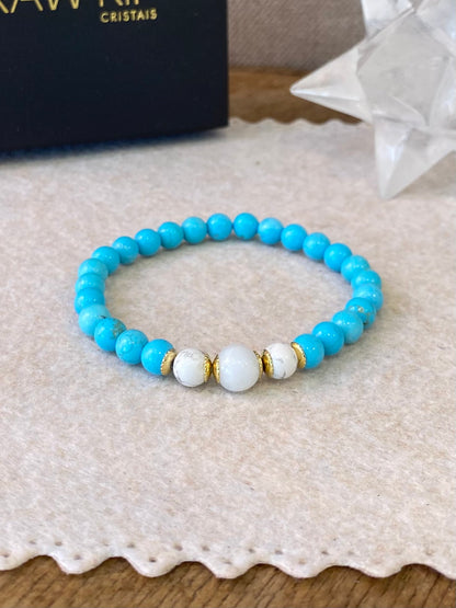 Turquesa Azul, Água Marinha e Howlita – Boa Sorte, Paz e Equilíbrio Emocional (Banho Ouro 18K)