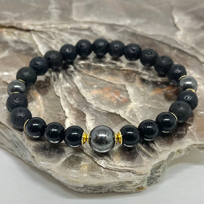 CR Golden | Lava Vulcânica, Turmalina Negra e Hematita – Proteção, AntiStress e Força Pessoal (Banho Ouro 18K)