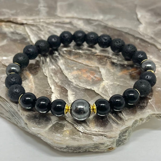 Lava Vulcânica, Turmalina Negra e Hematita – Proteção, AntiStress e Força Pessoal (Banho Ouro 18K) #GoldenCR