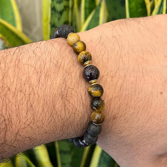 CR Golden | Lava Vulcânica, Olho de Tigre e Pedra Granada – Proteção, Prosperidade e Determinação (Banho Ouro 18K)