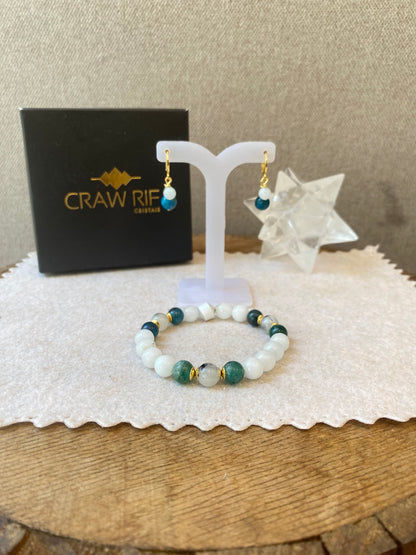 CR Conjunto | Colar, Brinco e Pulseira Água Marinha, Apatita Azul e Quartzo Turmalinado – Equilíbrio Emocional, Intuição e Limpeza Energética (Banho Ouro 18K)