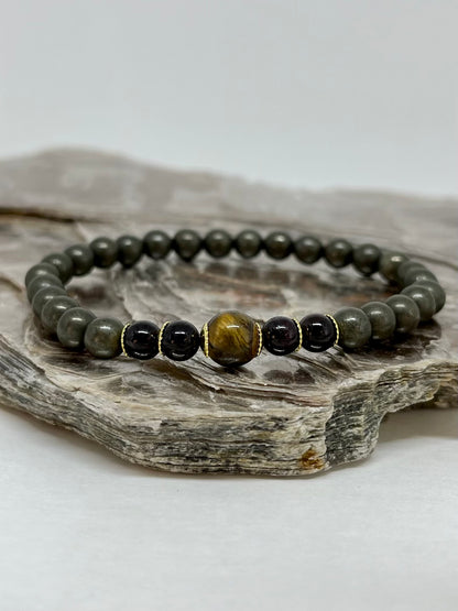 CR Uno | Pirita, Granada e Olho de Tigre – Prosperidade, Determinação e Proteção (Banho Ouro 18K)