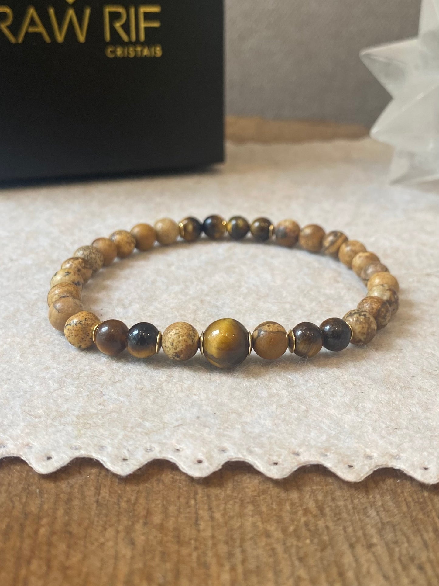 CR Deluxe | Jaspe Madeira e Olho de Tigre – Estabilidade, Proteção e Positividade (Banho Ouro 18K)